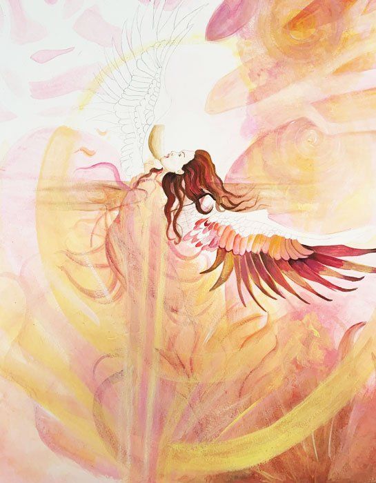 Stylized watercolor of a winged figure in flowing pink, gold, and red hues against a bright abstract background