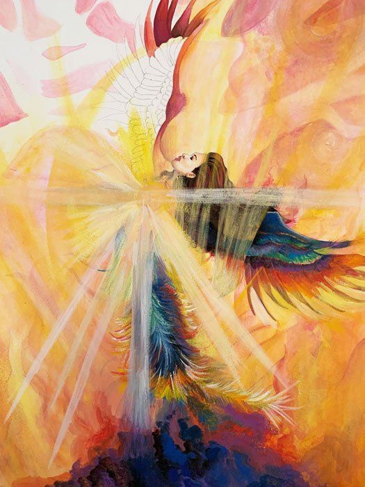 Abstract painting of a radiant winged figure in flowing gold, orange, and blue with arms outstretched