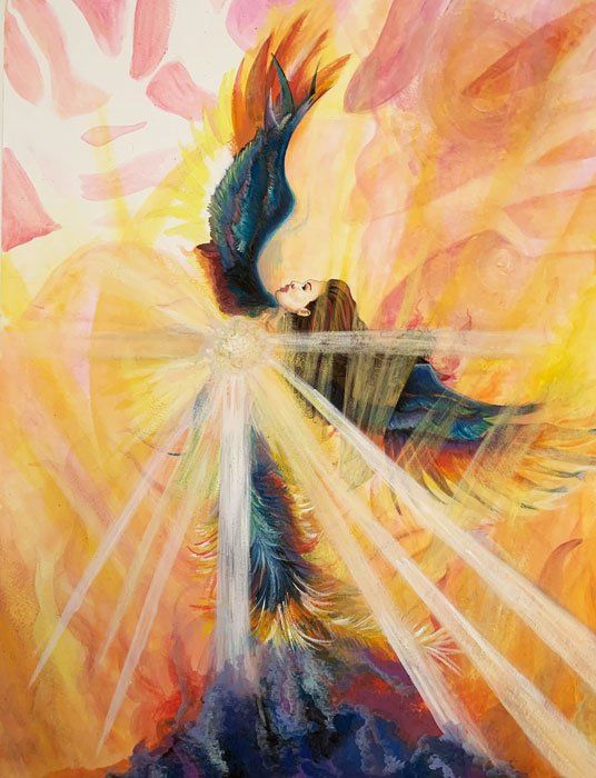 Abstract painting of a glowing figure with outstretched arms in warm orange and yellow light beams