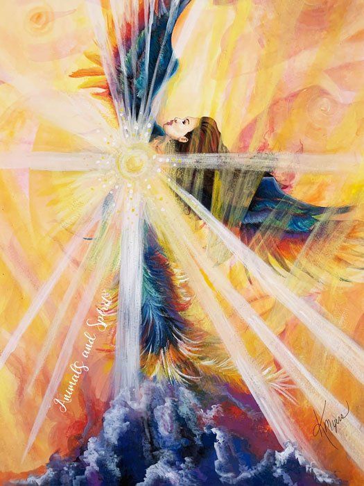 Abstract painting of a figure with outstretched arms amid bright yellow, blue, and white radiant light.