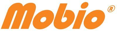 Een oranje logo voor mobio op een witte achtergrond