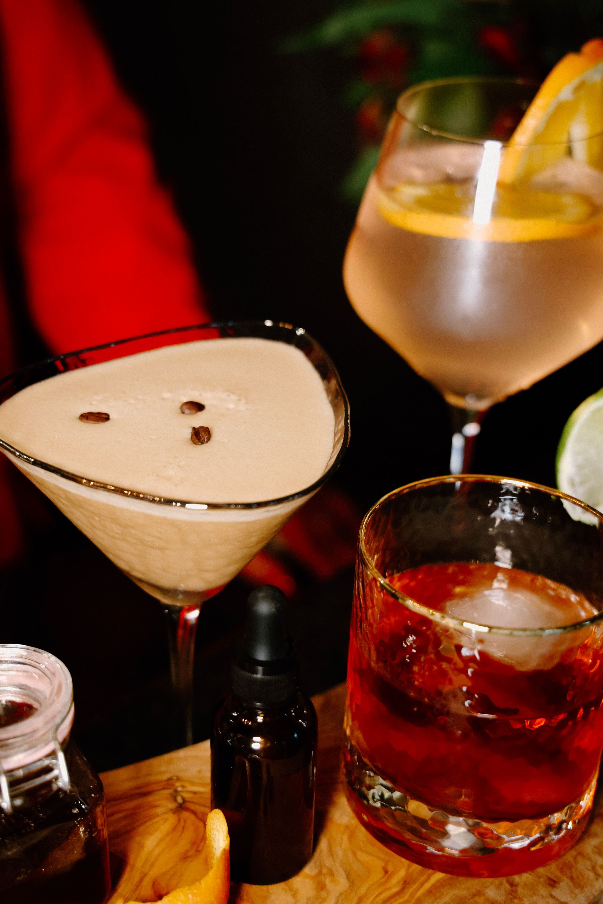 There are many different types of drinks on the table.