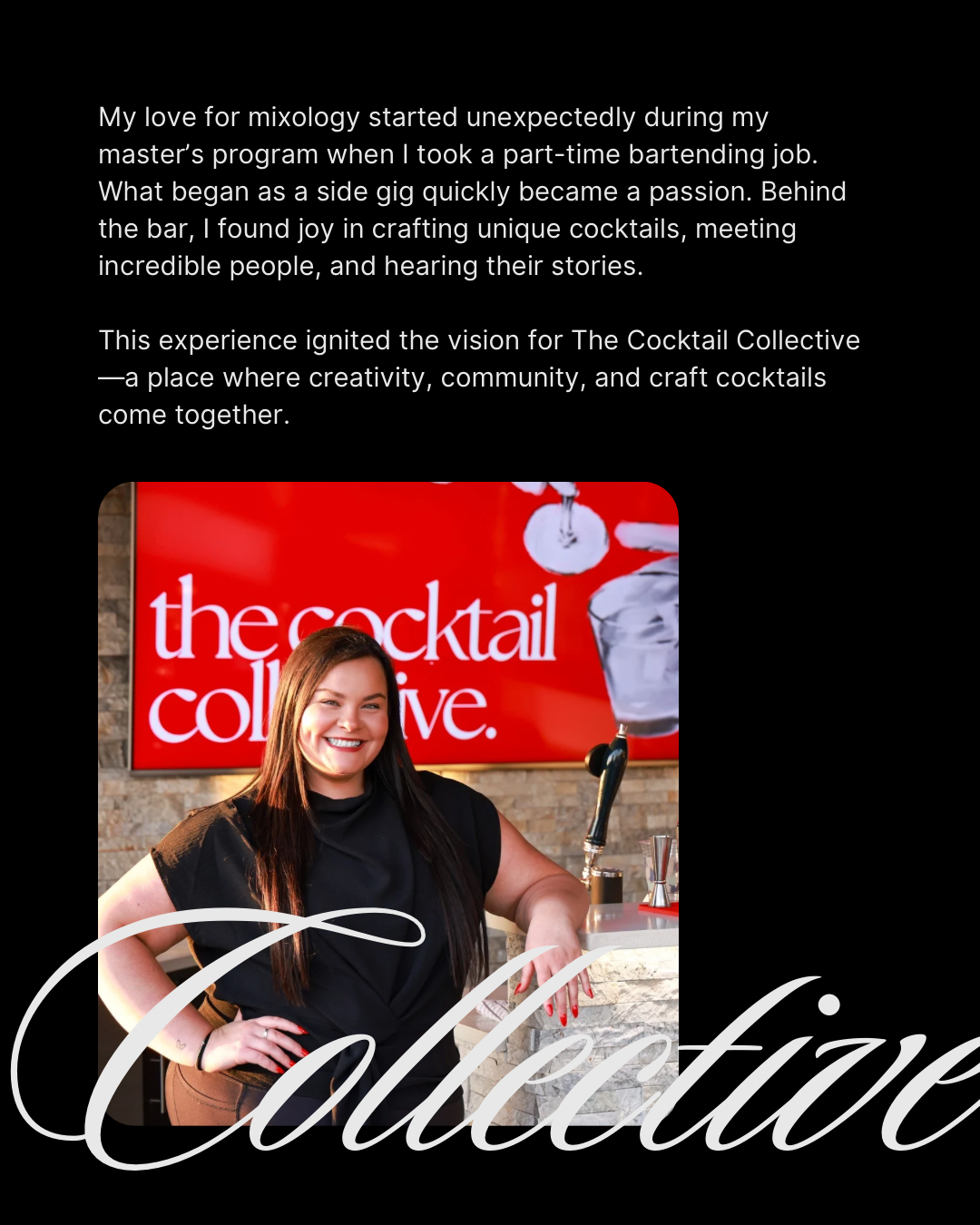 A woman is standing in front of a red sign that says the cocktail collective.