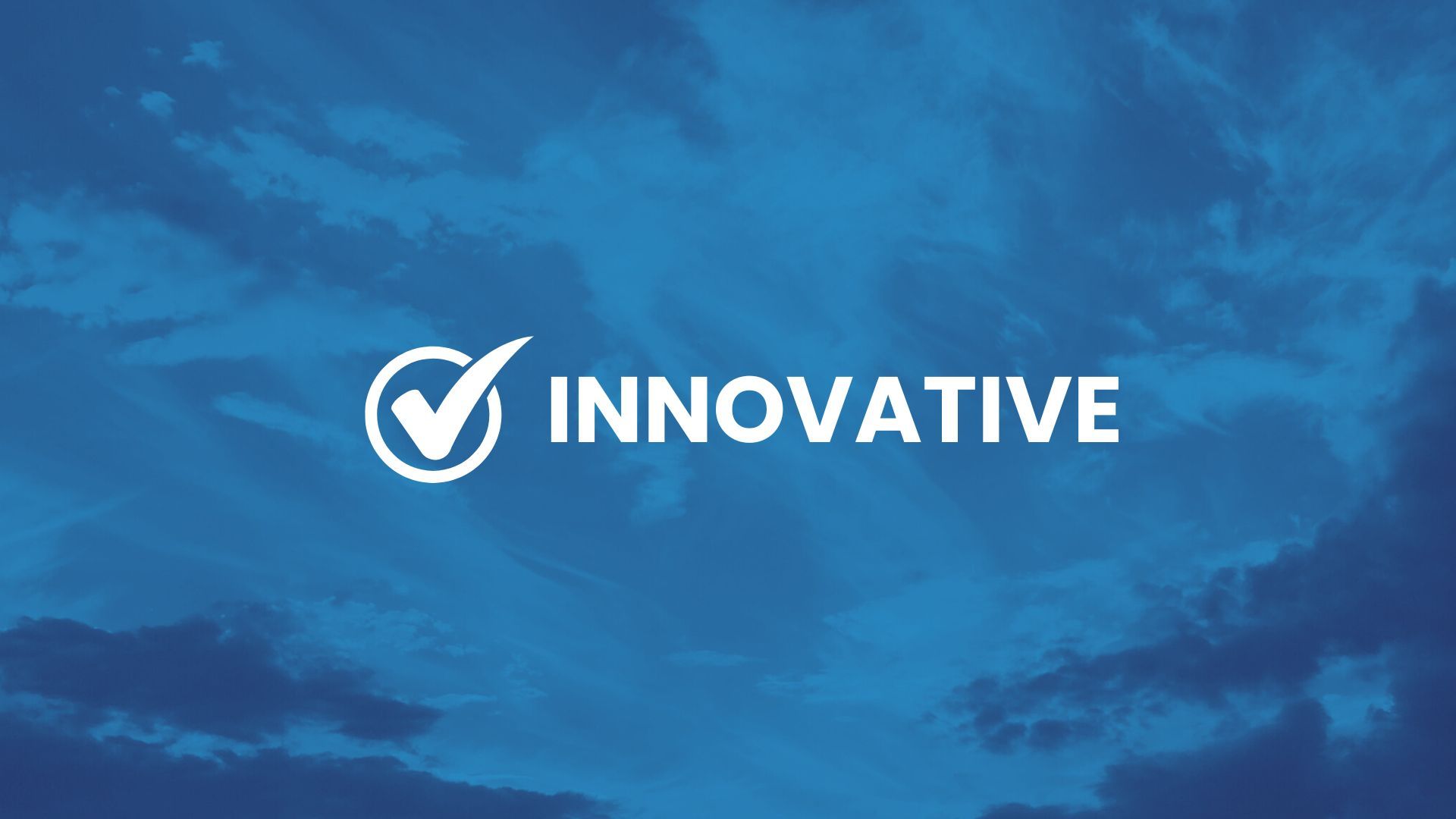 The word innovative is on a blue background with clouds