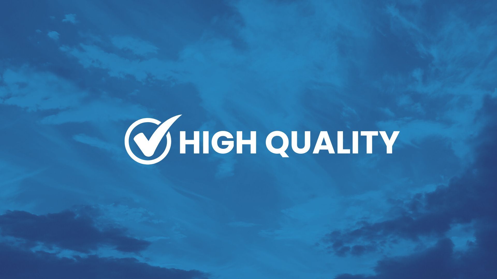 A blue background with a high quality logo and a check mark