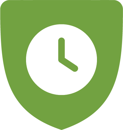 A green shield with a white clock inside of it.