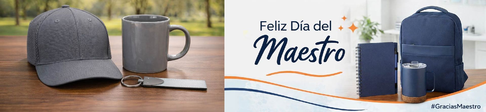 Una gorra gris y una mochila azul marino sobre una mesa de madera junto a una tarjeta de felicitación que dice "Feliz Día del Maestro".