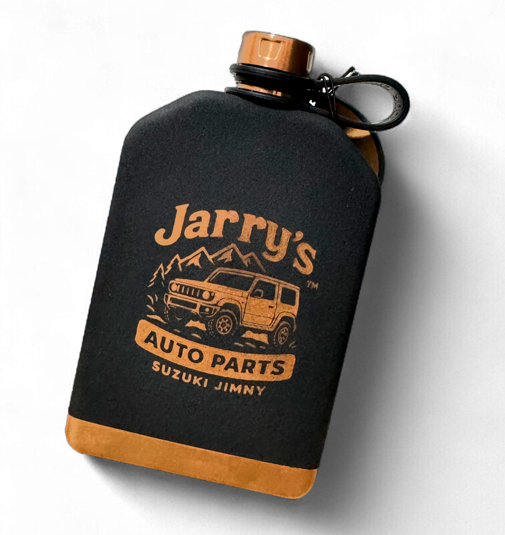 Cantimplora negra de Jerry's Auto Parts para Suzuki Jimny con ribete y tapa naranjas.