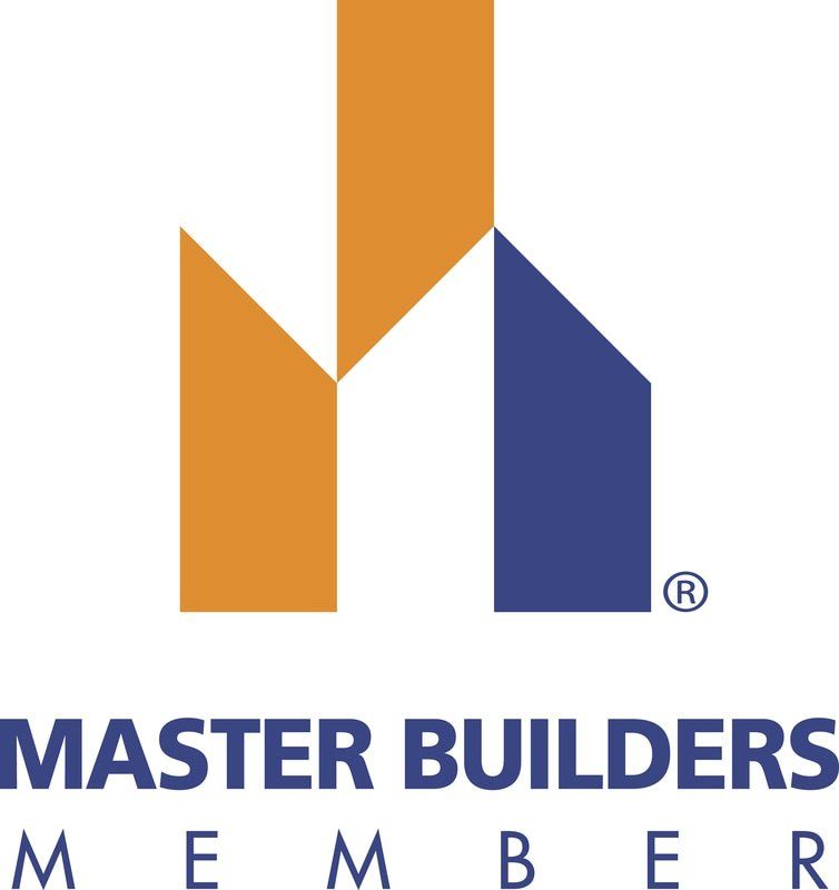 Logo of Master Builders Member: orange and blue stylized house shape, white background, text 