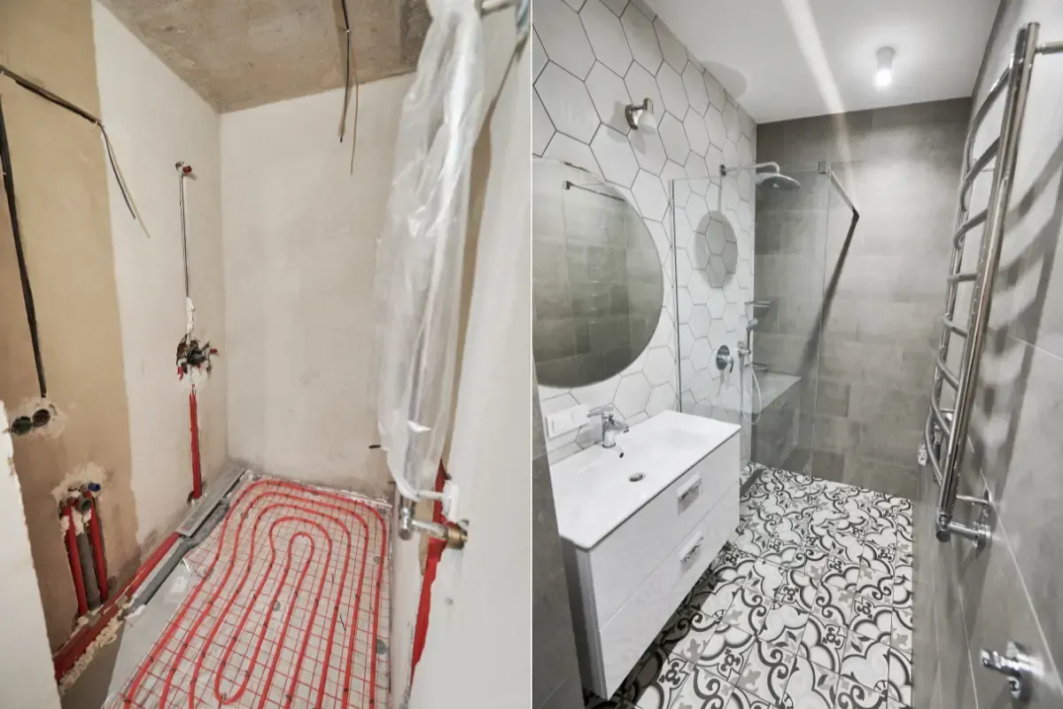 Bathroom stripped back to bare walls with exposed plumbing, concrete ceiling, and underfloor heating laid before renovation.