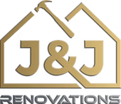 A logo for j & j renovations with a house and two hammers.