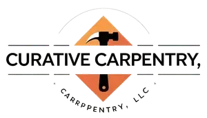 Logo: Black text "CURATIVE CARPENTRY" over a centered hammer graphic on orange background, with "CARRPPENTRY, LLC" below.