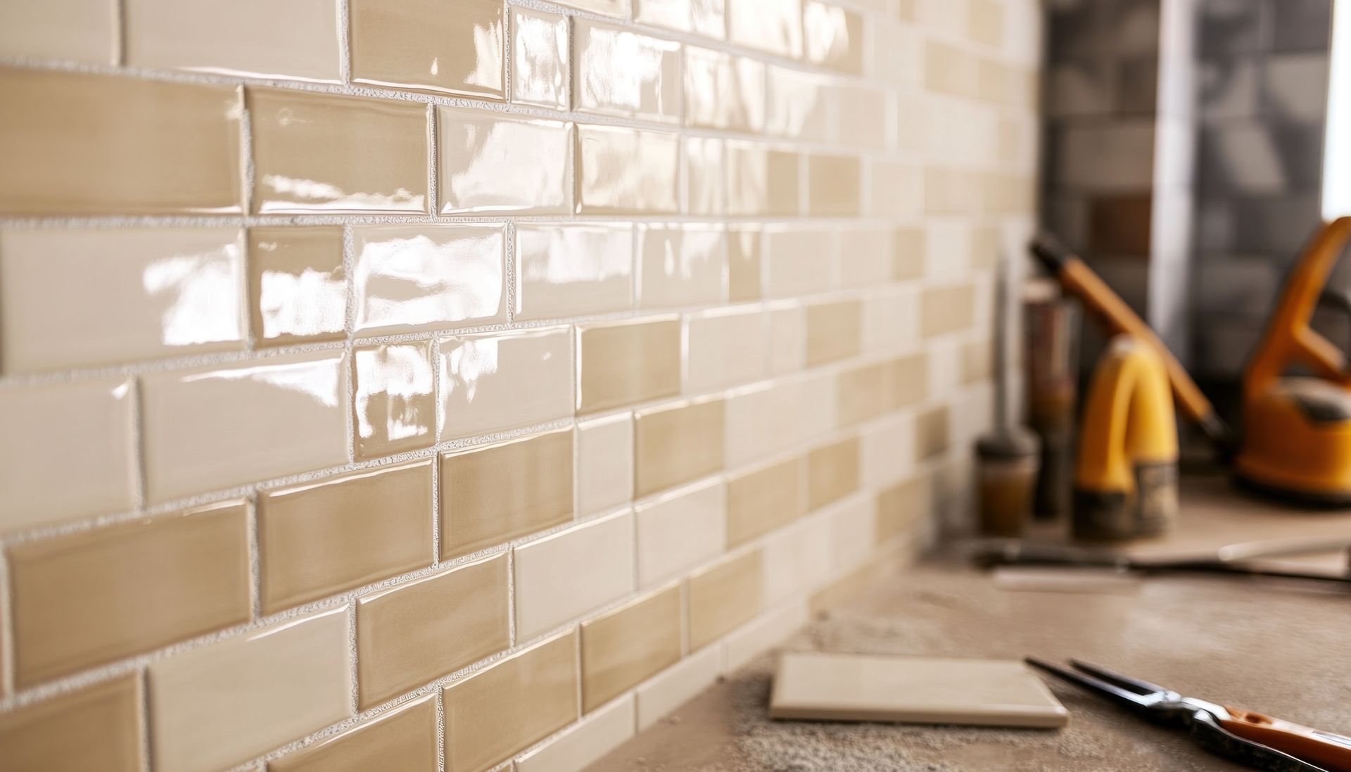 A close up of a tiled wall in a kitchen with tools on a counter.