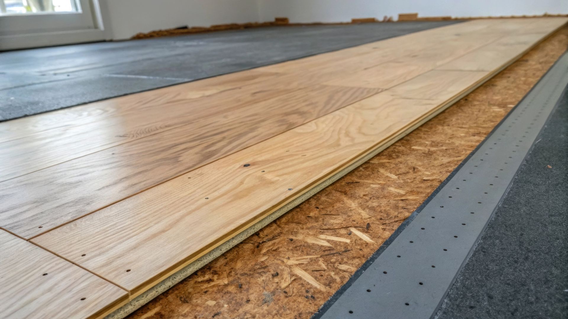 A wooden floor is being installed in a room.