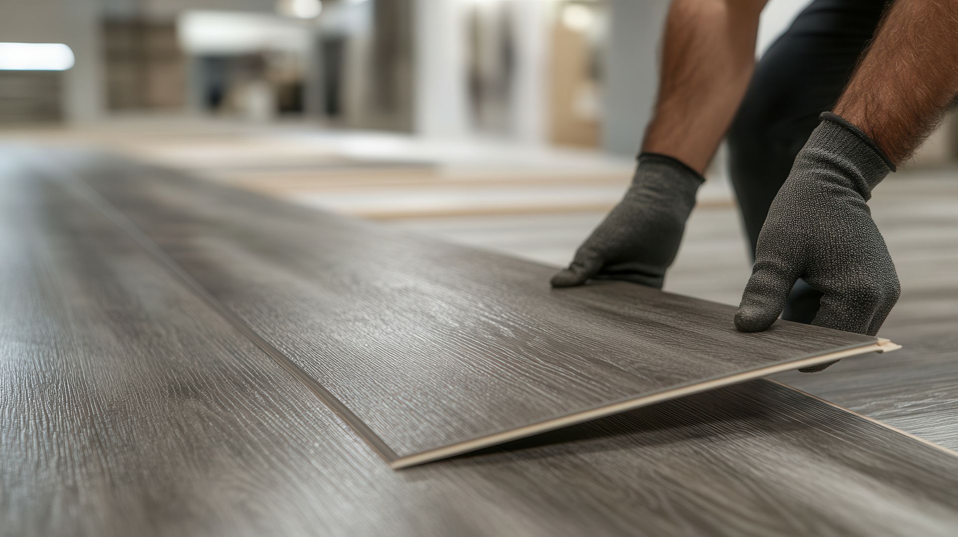 A man is laying a piece of vinyl flooring on the floor.