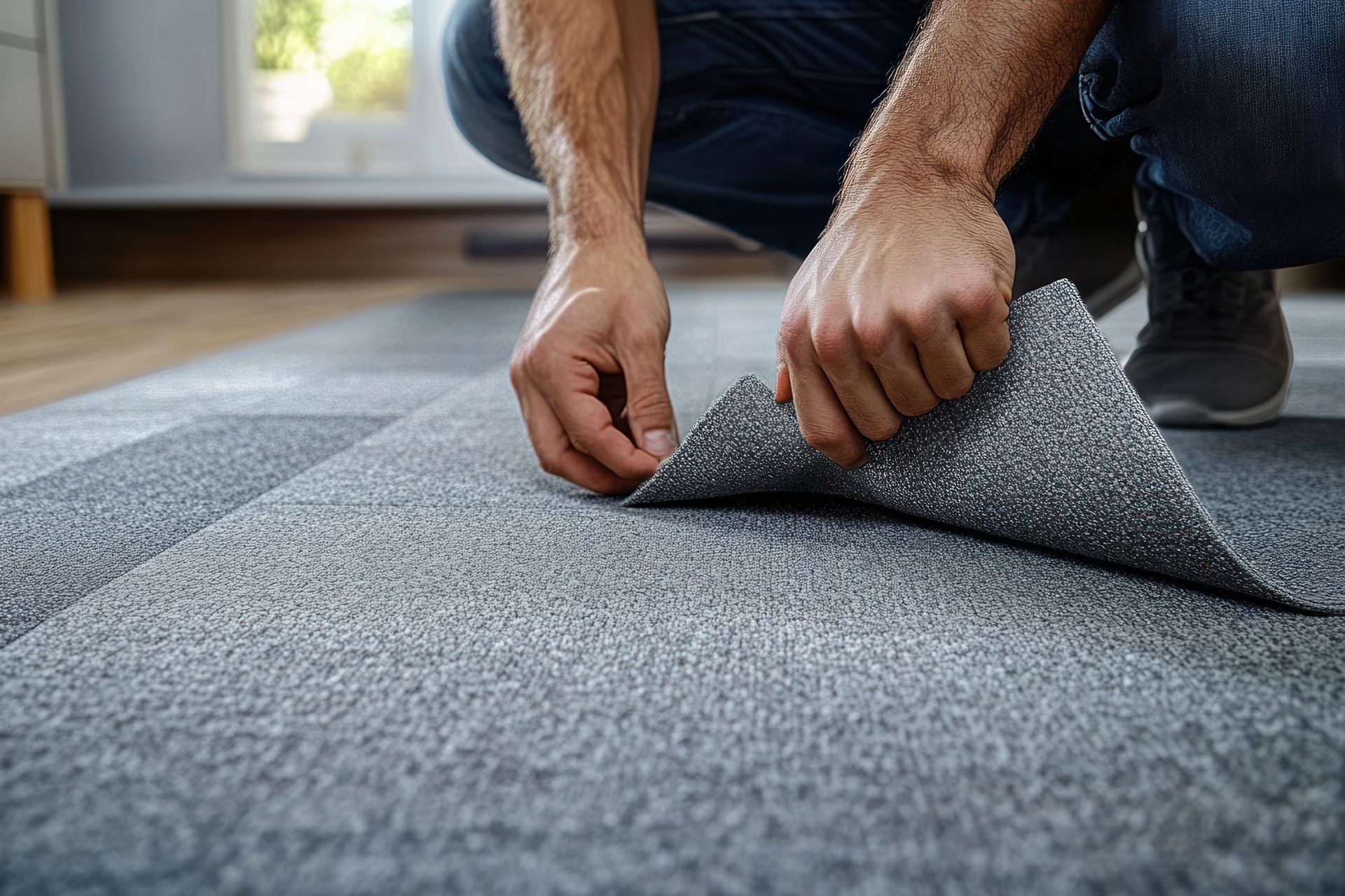 A man is kneeling on the floor holding a piece of carpet.