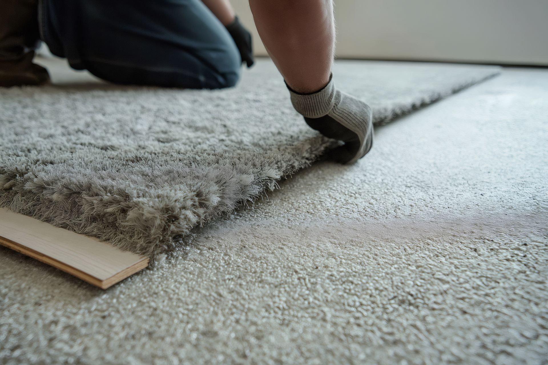 A person is installing a carpet on the floor.