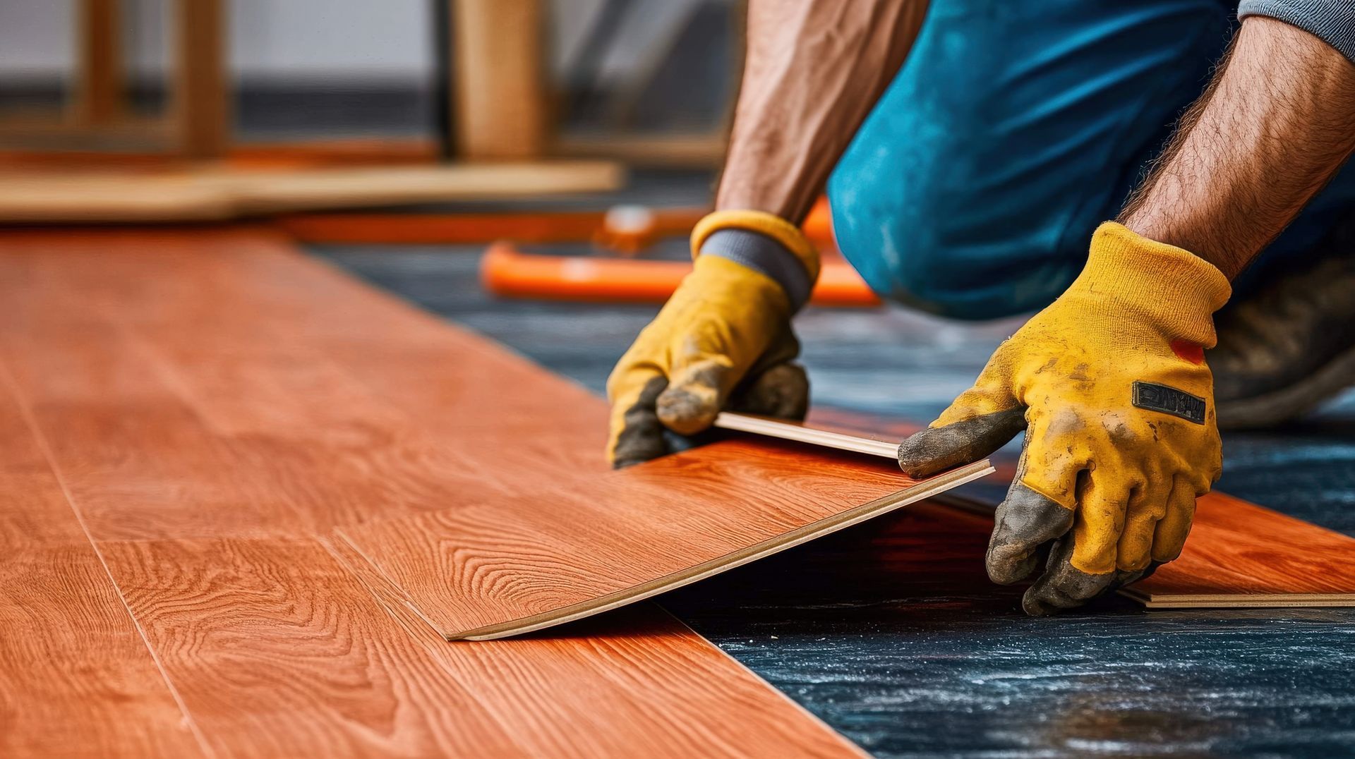 A man wearing yellow gloves is installing a wooden floor.