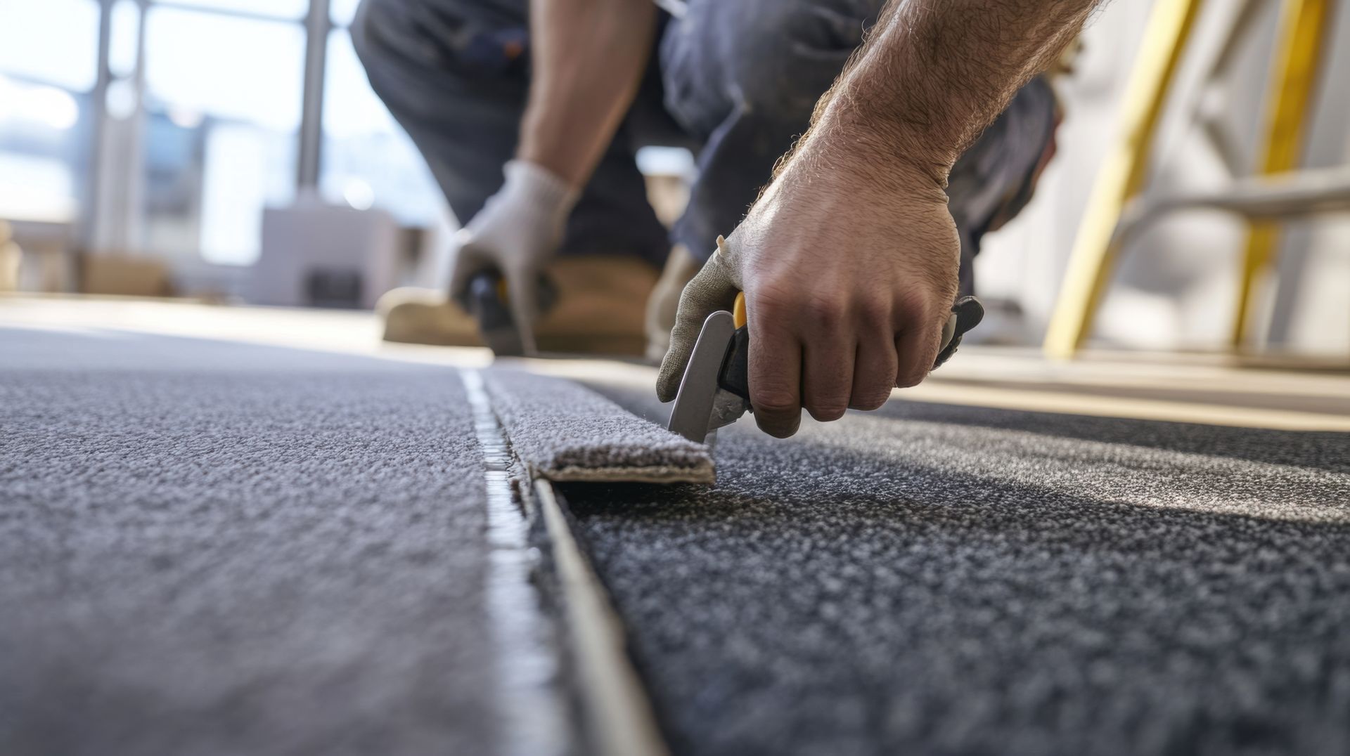 A man is cutting a piece of carpet with a pair of scissors.