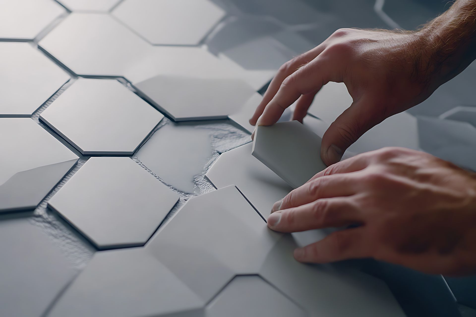 A close up of a person 's hands holding a piece of hexagonal tile.