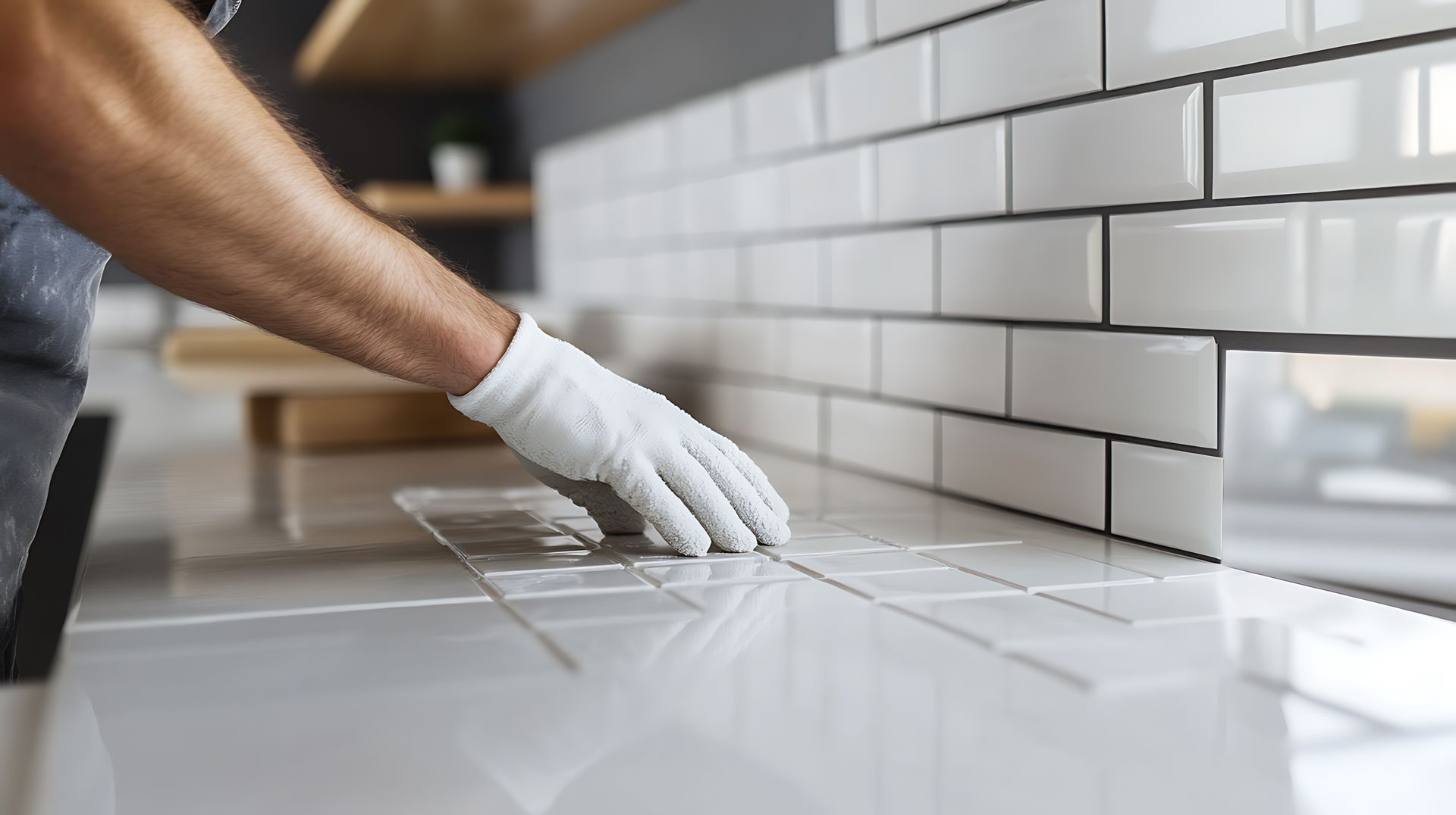 A man is laying tiles on a kitchen counter.