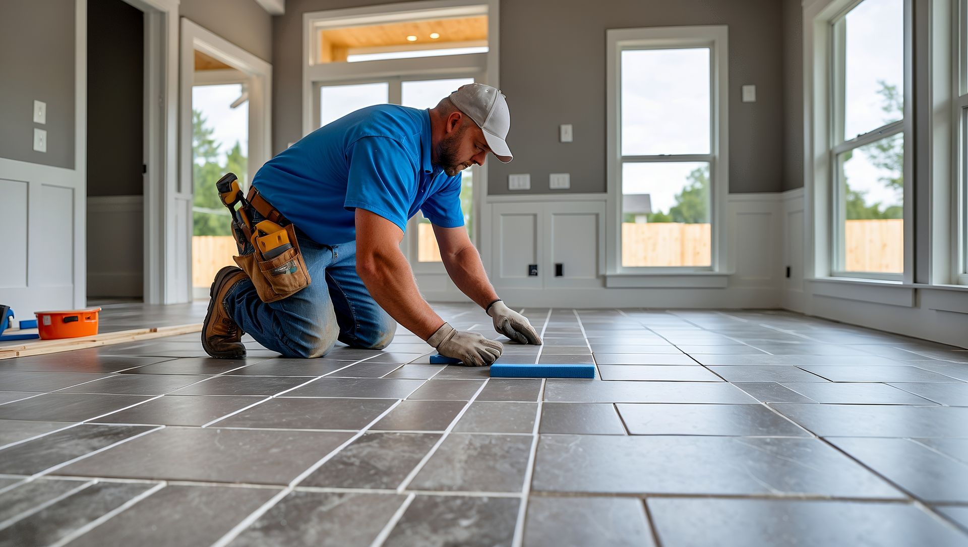 A man is kneeling down on a tiled floor in a room.
