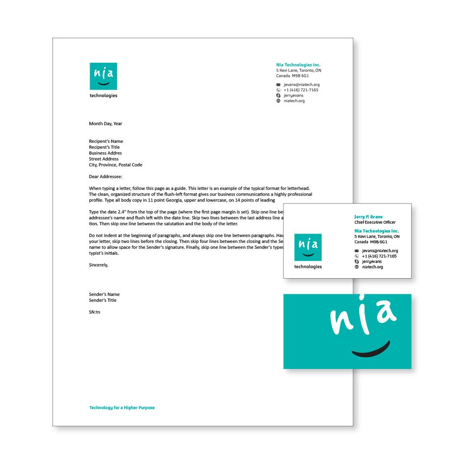 Nia Technologies  letterhead and business card