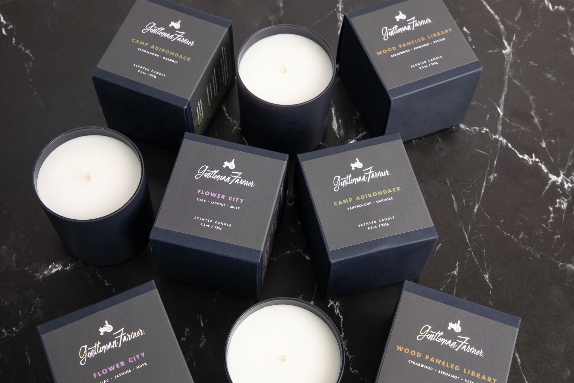 Gentleman Farmer scented candles and packages