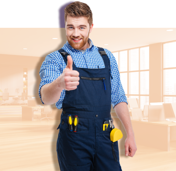 a man in blue overalls is giving a thumbs up