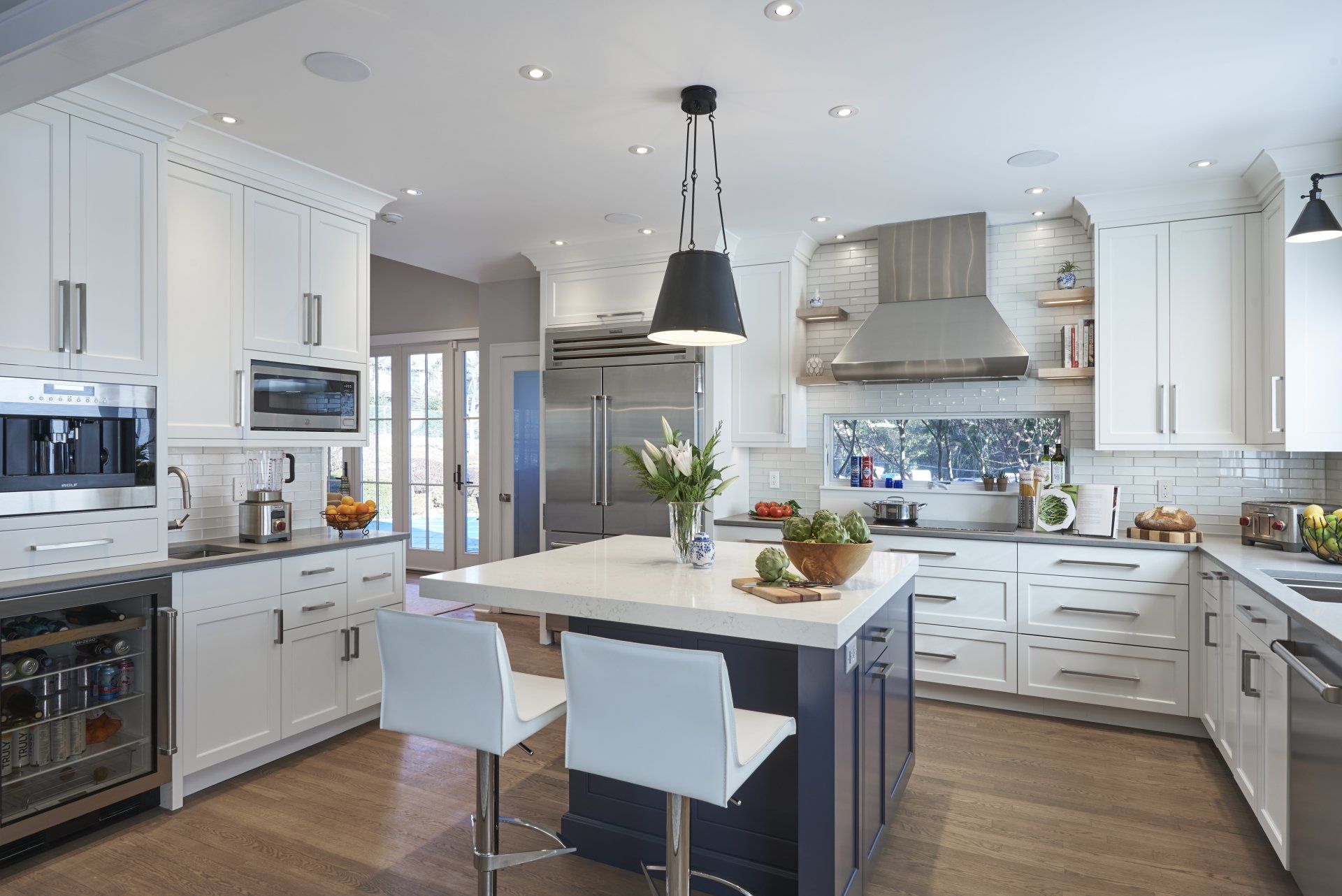 Modern kitchen with navy blue island