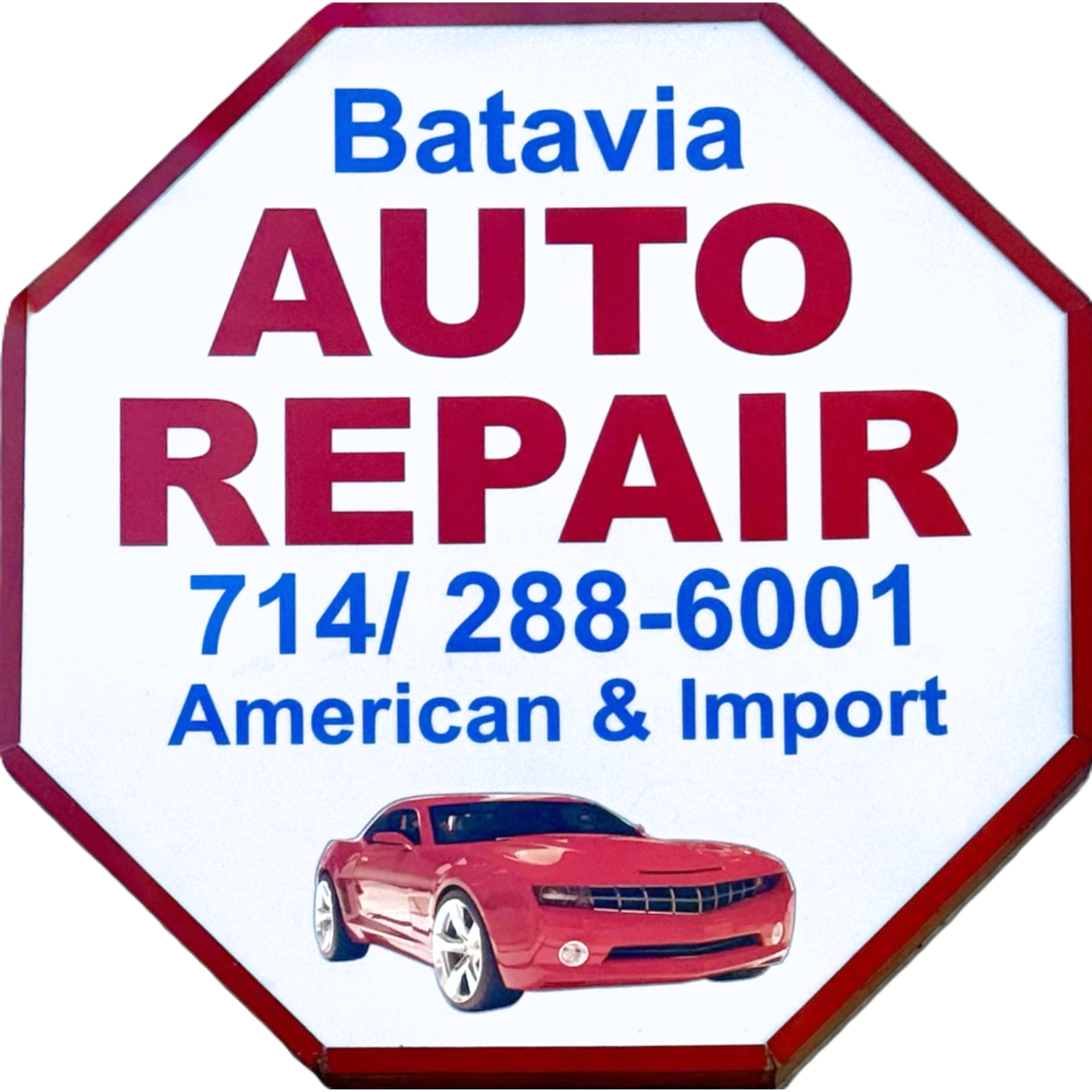 Sign for Batavia Auto Repair with phone number, red car, white, red, and blue text.