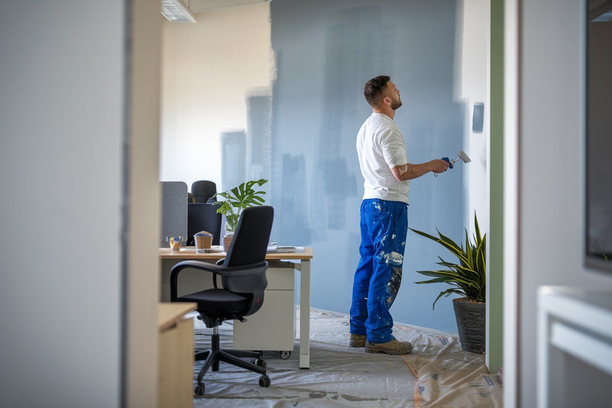 A man is painting a wall in an office.