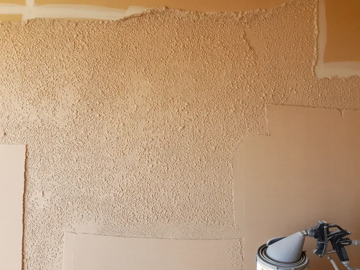 Textured wall with patches of different finishes and a spray gun. Beige tones.