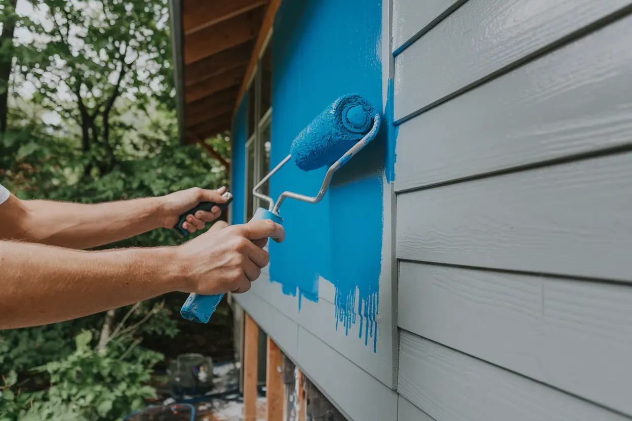 A man is painting the side of a house with a blue paint roller.