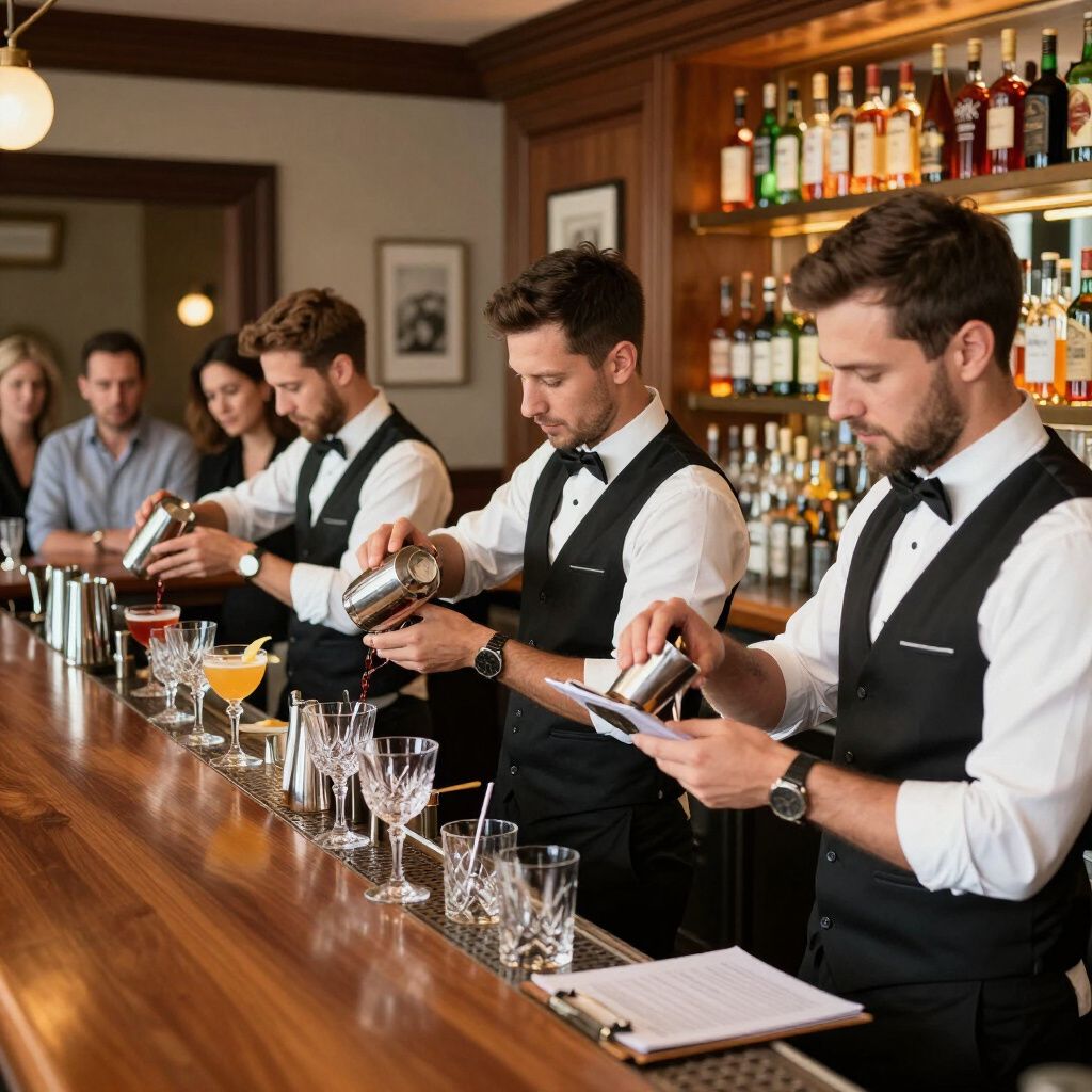 Bartenders mixing cocktails behind a bar. One reads a recipe while others pour, with patrons in background.