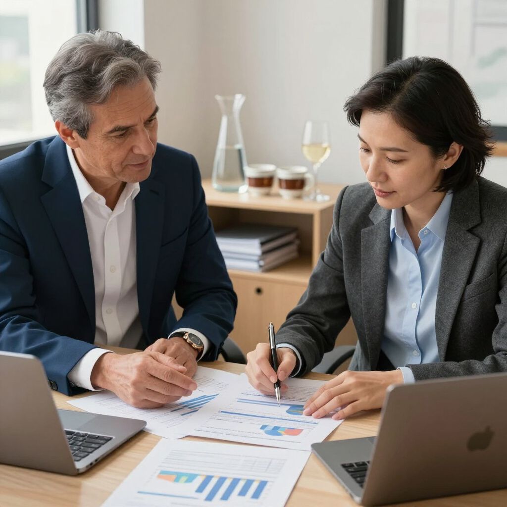 Two people in business attire reviewing documents at a table with laptops.