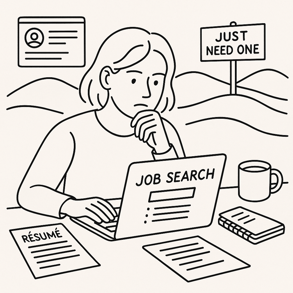 A line art drawing of multiple résumé templates spread across a desk.