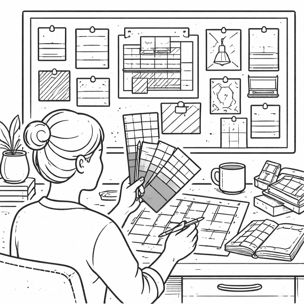 Black and white line art of a homeowner reviewing design choices while focusing on the structural el