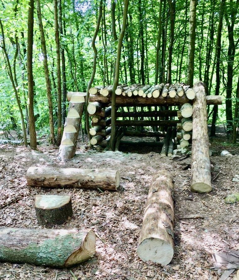 Een houten constructie gemaakt van boomstammen midden in een bos.