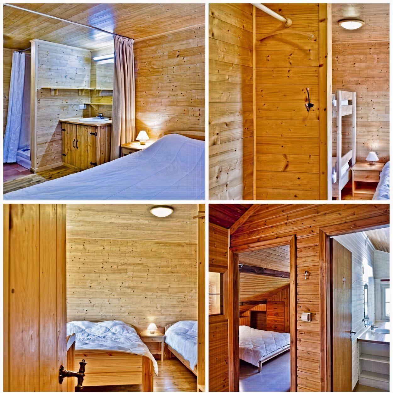 Un collage de quatre photos d'une cabane en bois