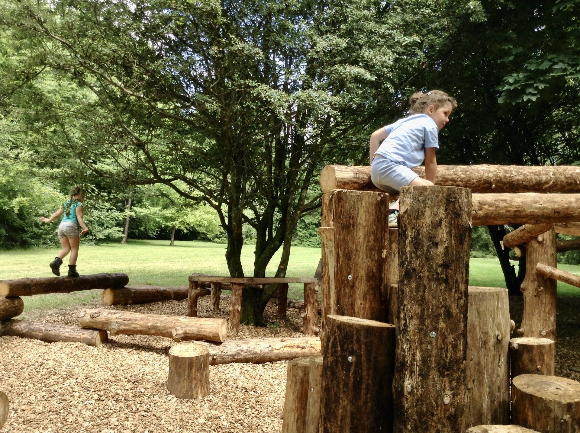 Een jongen zit op een boomstam in een park.