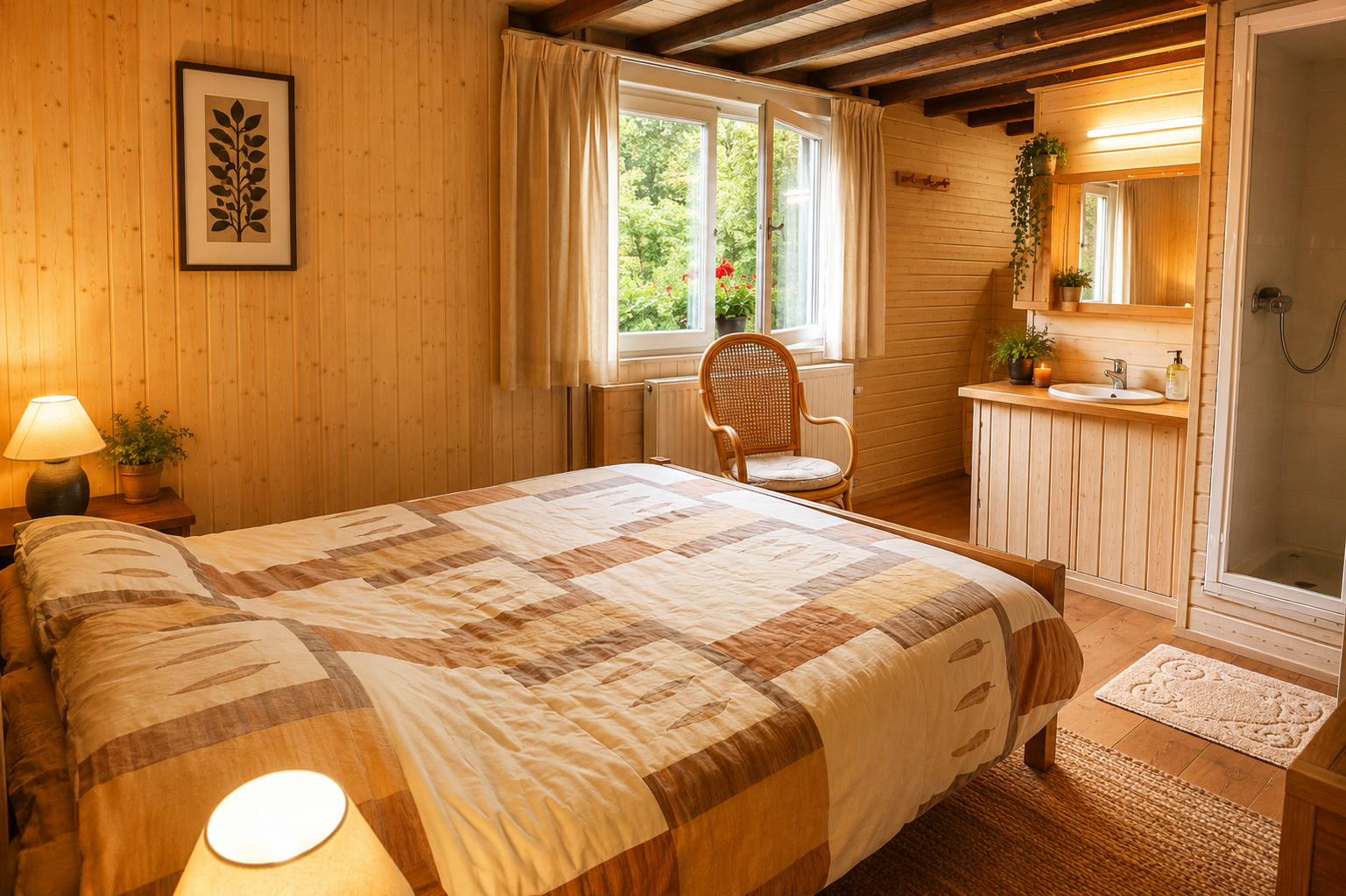Een houten slaapkamer met twee bedden en een kledingkast.