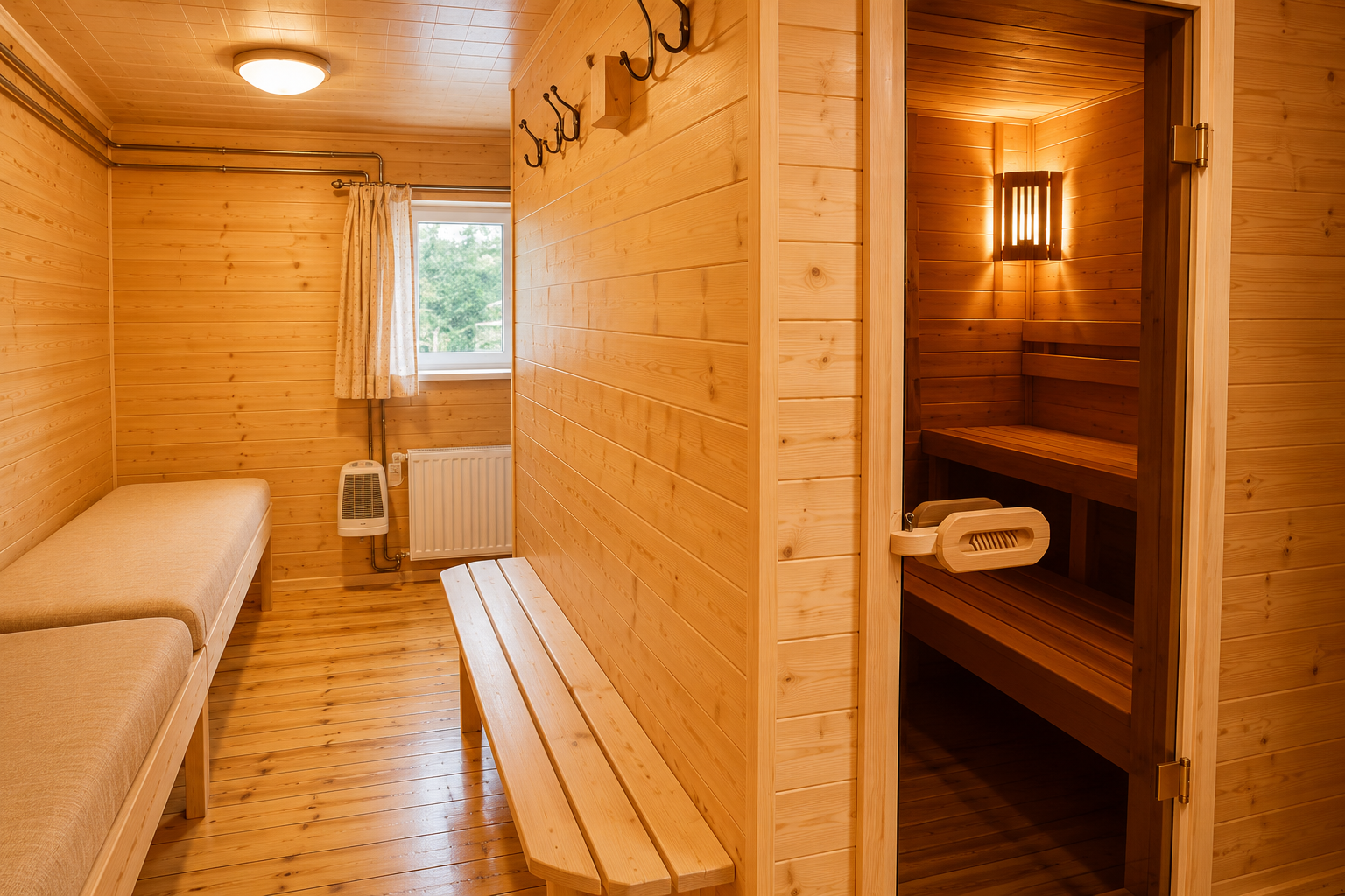 Een houten sauna met een emmer en een lamp aan de muur.