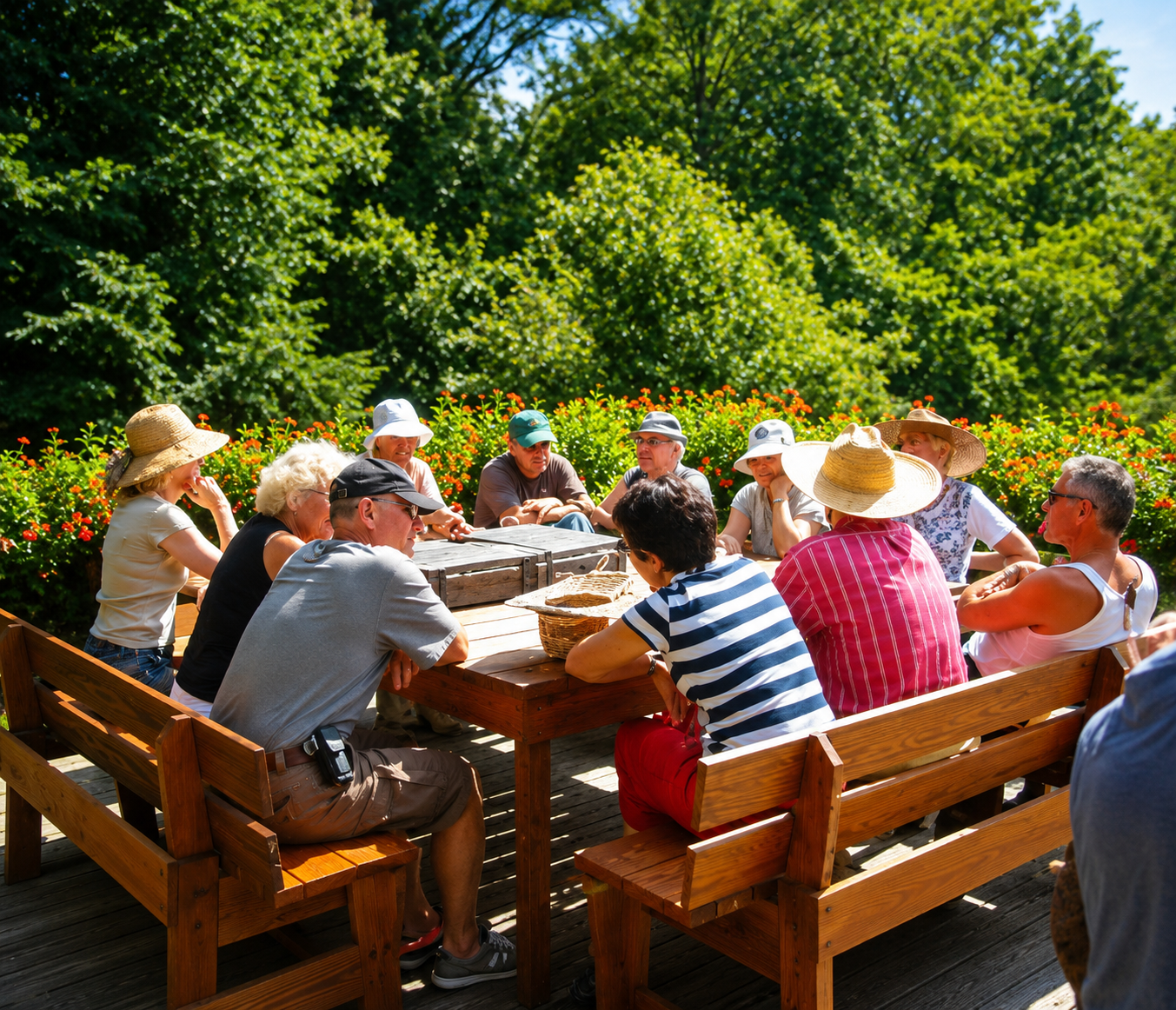 Een groep mensen zit rond een tafel in een park.