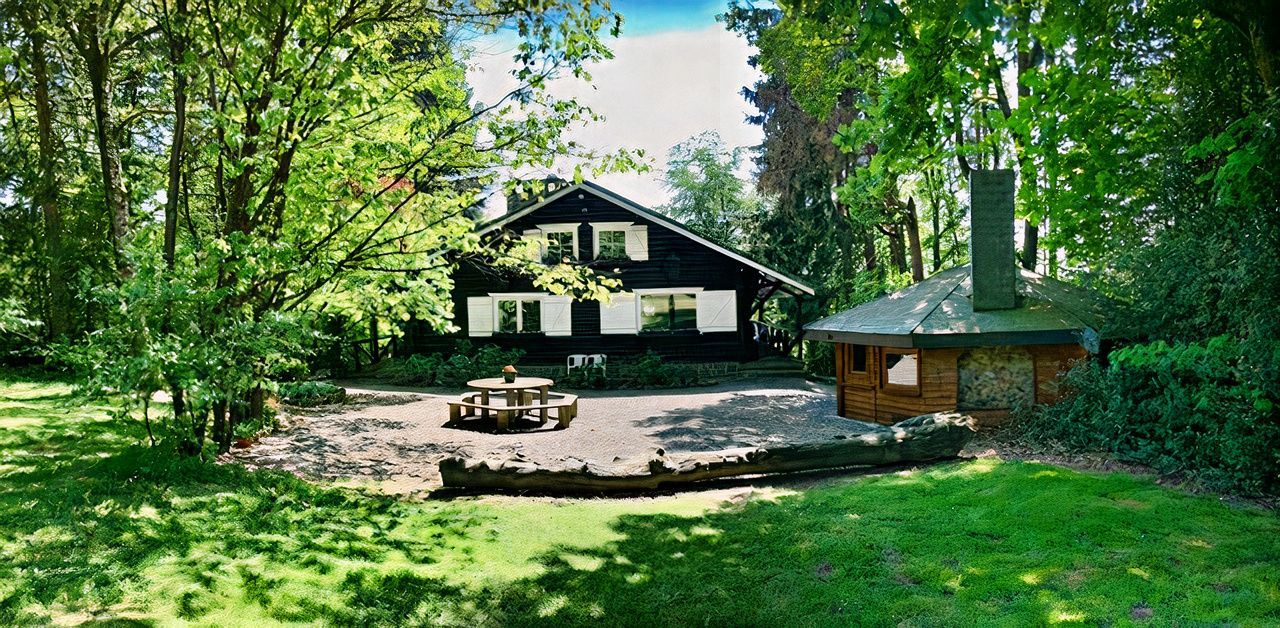 Une maison au milieu d'une forêt verdoyante entourée d'arbres.