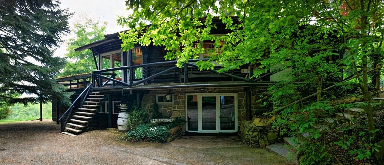 Une maison avec des escaliers qui y mènent est entourée d'arbres.