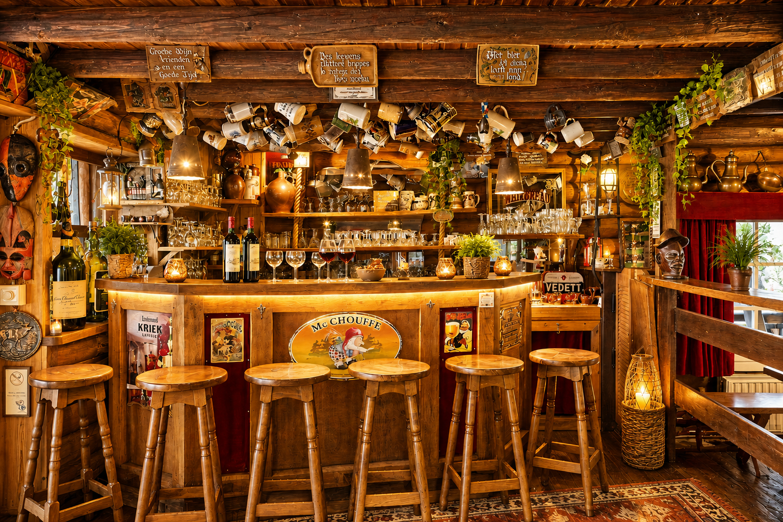 Een houten bar met krukken en flessen erop