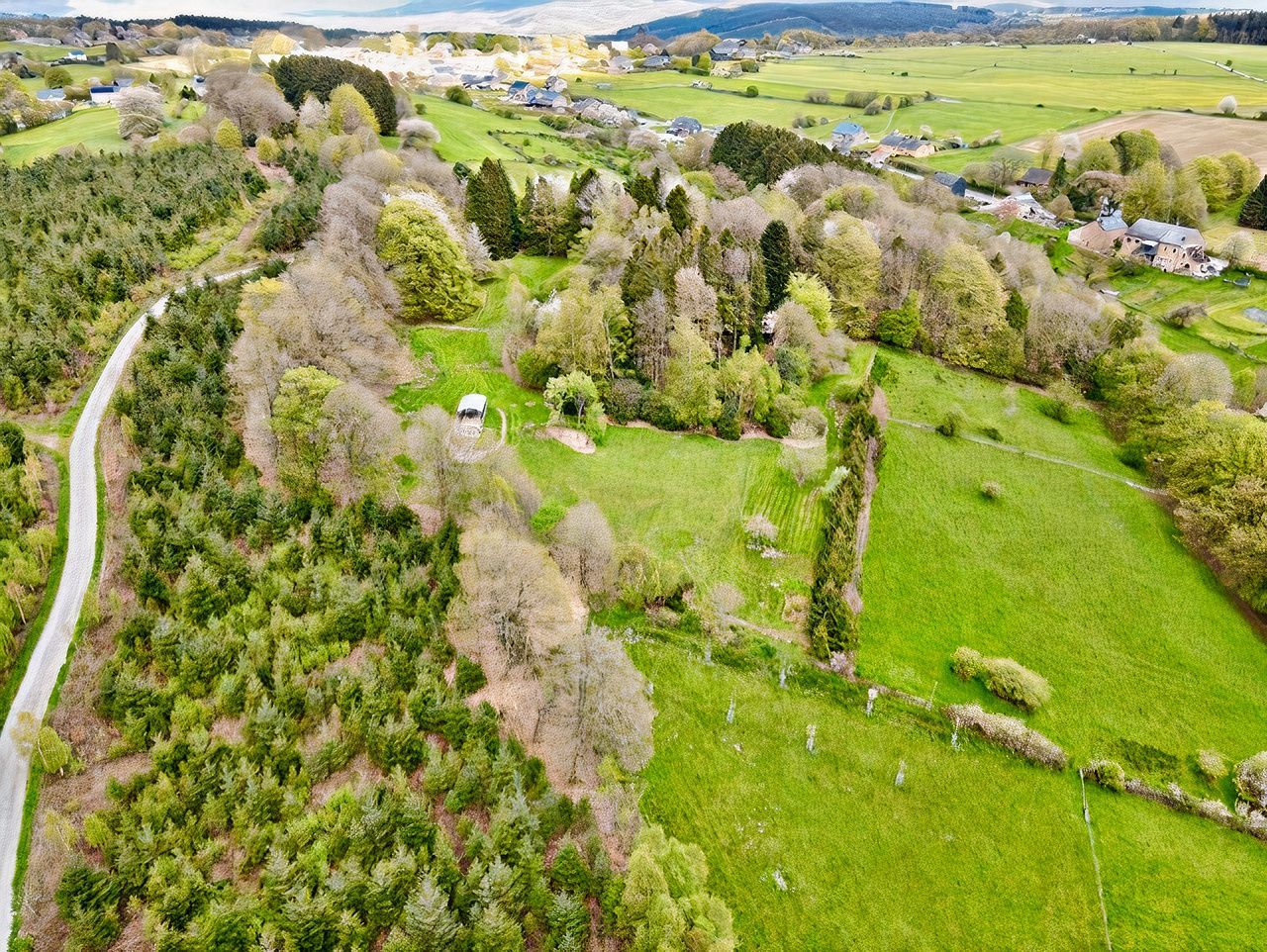 Une vue aérienne d'un champ vert luxuriant entouré d'arbres et d'une route.