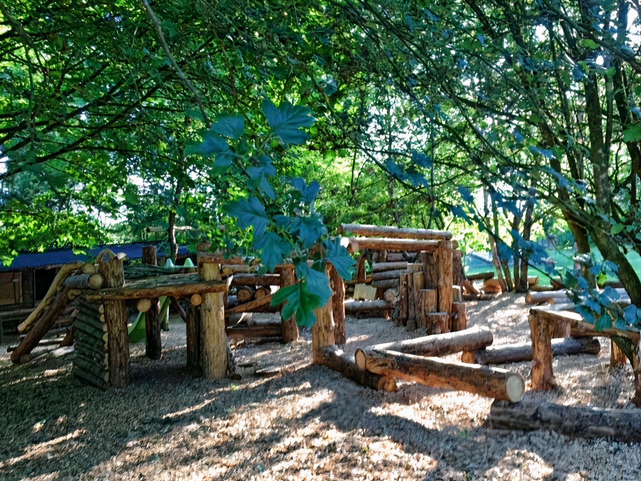 Une aire de jeux en bois au milieu d'une forêt entourée d'arbres.