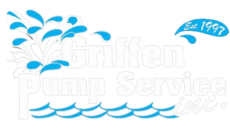 A blue and white logo for griffin pump service inc.